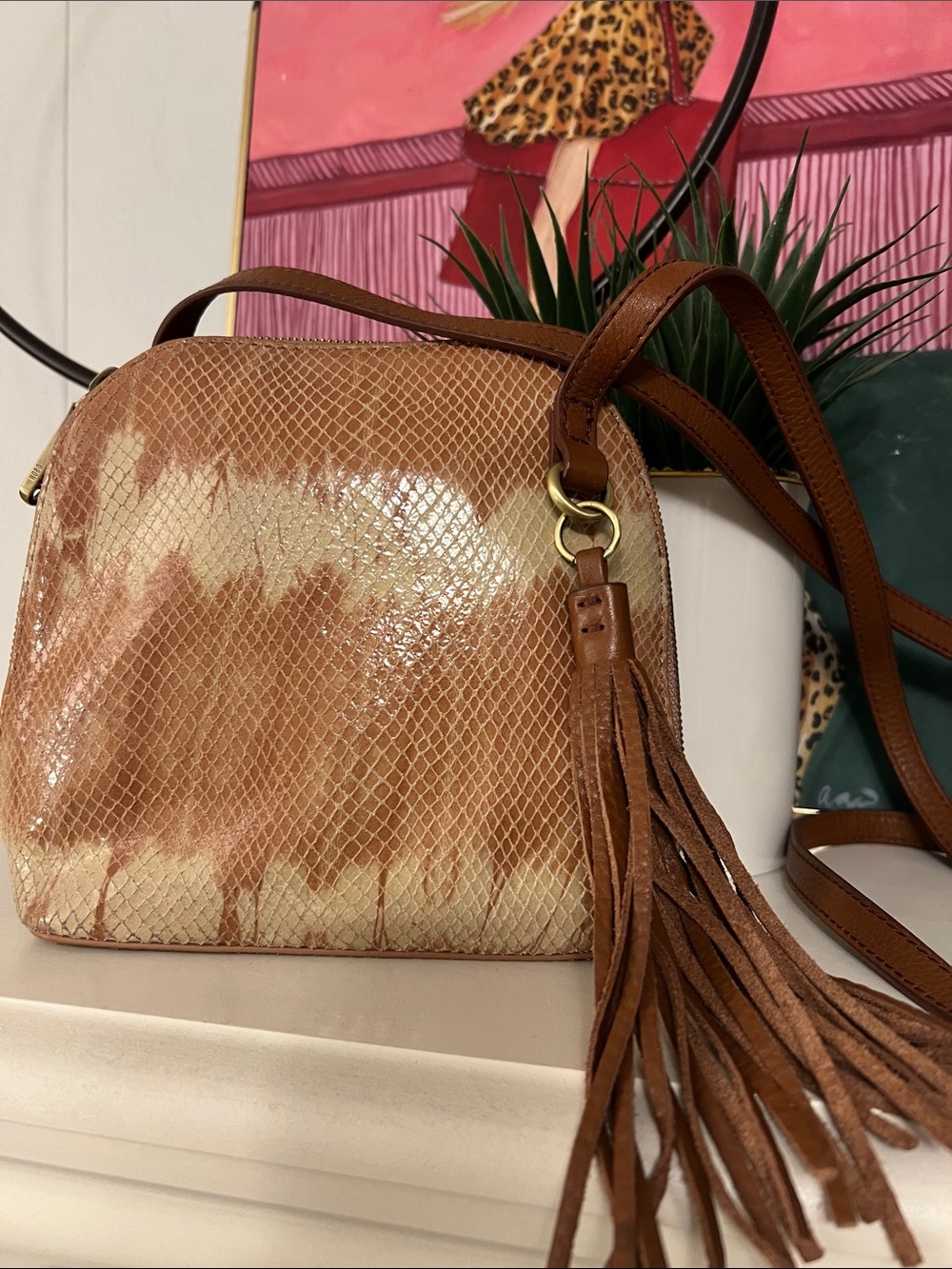 HOBO Tan and Cream Snake-genuine leather Texture Crossbody with Tassel